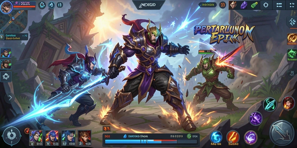 Screenshot gameplay NEXGID menampilkan pertarungan seru antar hero.