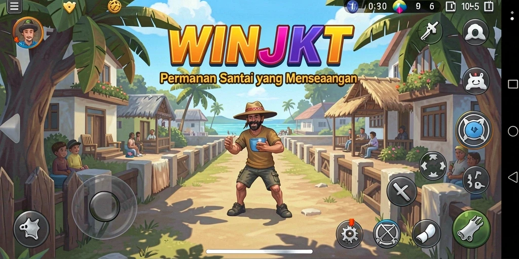 Tampilan gameplay <strong>WINJKT</strong> dengan level berwarna-warni dan rintangan menarik.